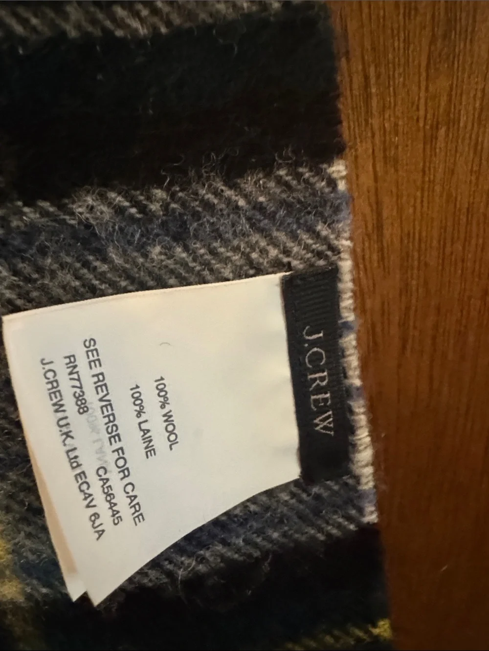 J. Crew Plaid Scarf in Black, Gray, Blue & Yellow with Pom-Pom Trim 100% wool